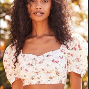 New Lulus Cute Factor White Floral Print Puff Sleeve Crop‎ Top Women's Medium